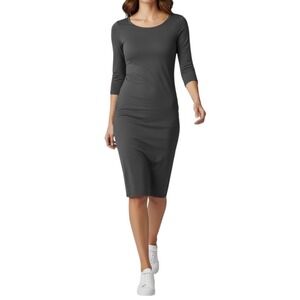 Zenana Premium Charcoal Grey Bodycon Midi Dress 3/4 Sleeve Scoop Neck Size L